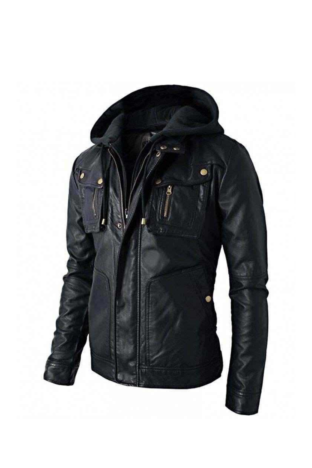 Men's Brando Real Black Leather Jacket With Removable Hood