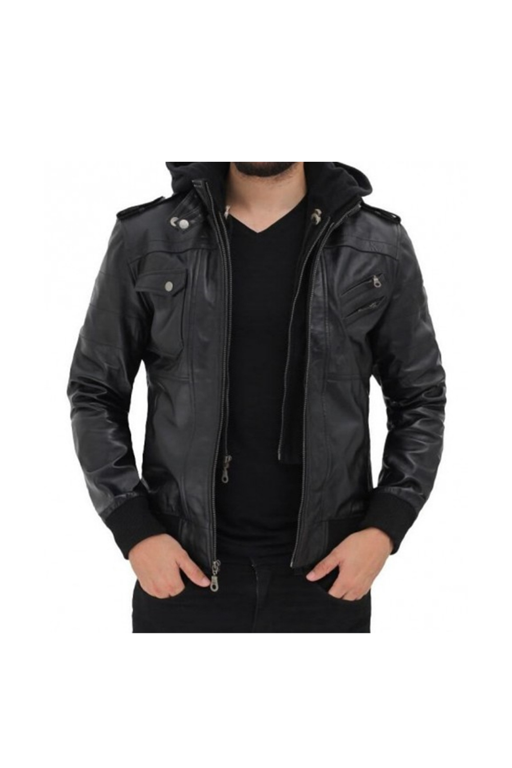 Men's Cafe Racer Black Real Leather Jacket With The Attachable Hoodie