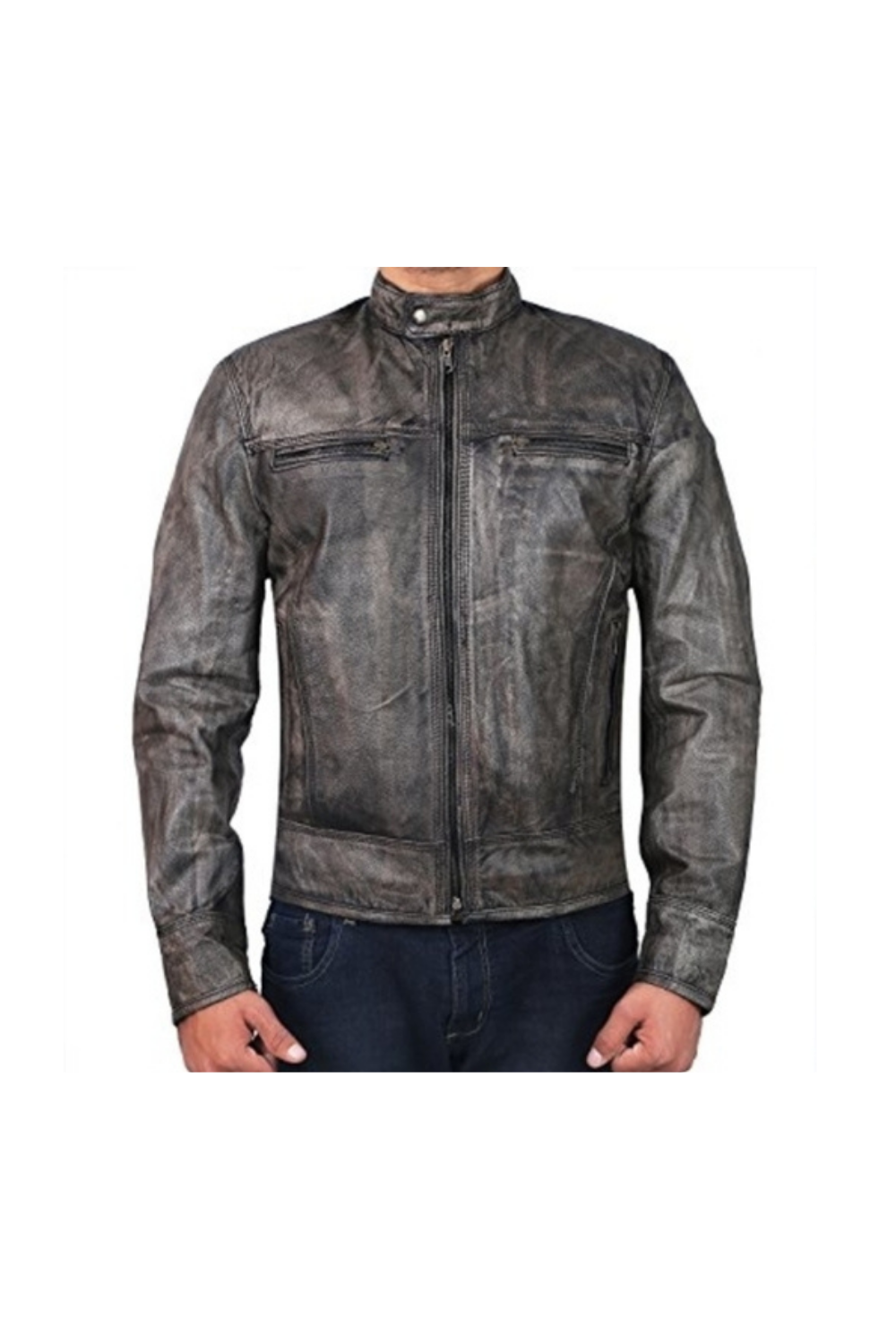 Men's Cafe Racer Biker Distressed Grey Real Leather Jacket