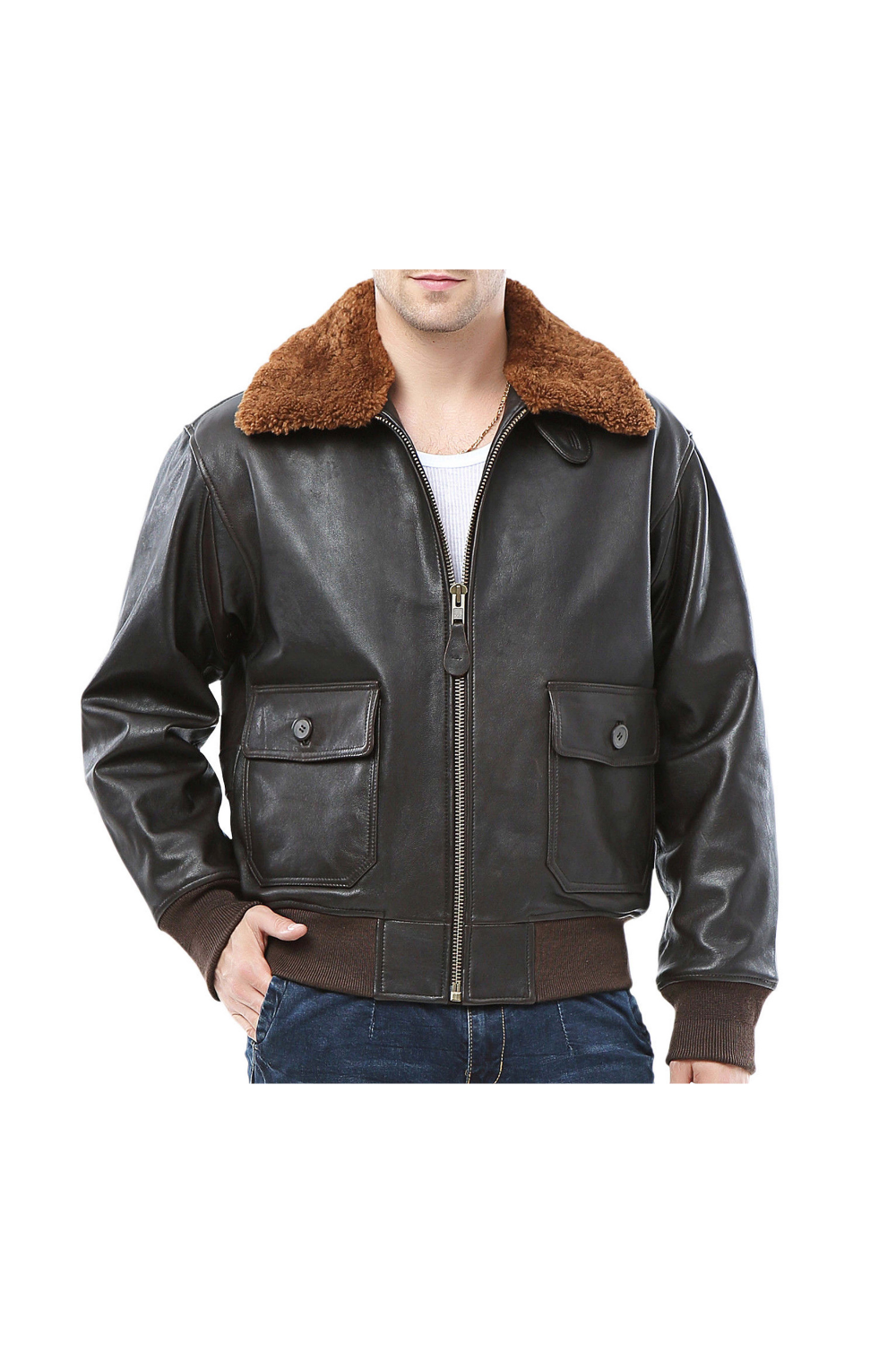 G-1 Aviator Military Brown Fur Collar Cow Leather Bomber Jacket For Men