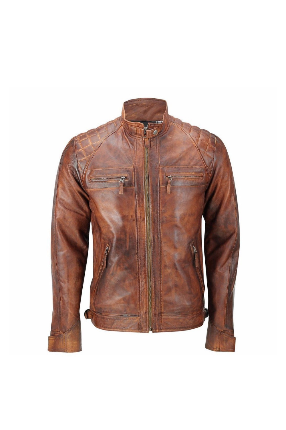 Men's Classic Diamond Distressed Brown Quilted Motorcycle Leather Jacket
