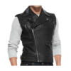 Black Quilted Style Asymmetrical Collar Leather Vest