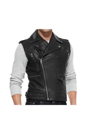 Black Quilted Style Asymmetrical Collar Leather Vest