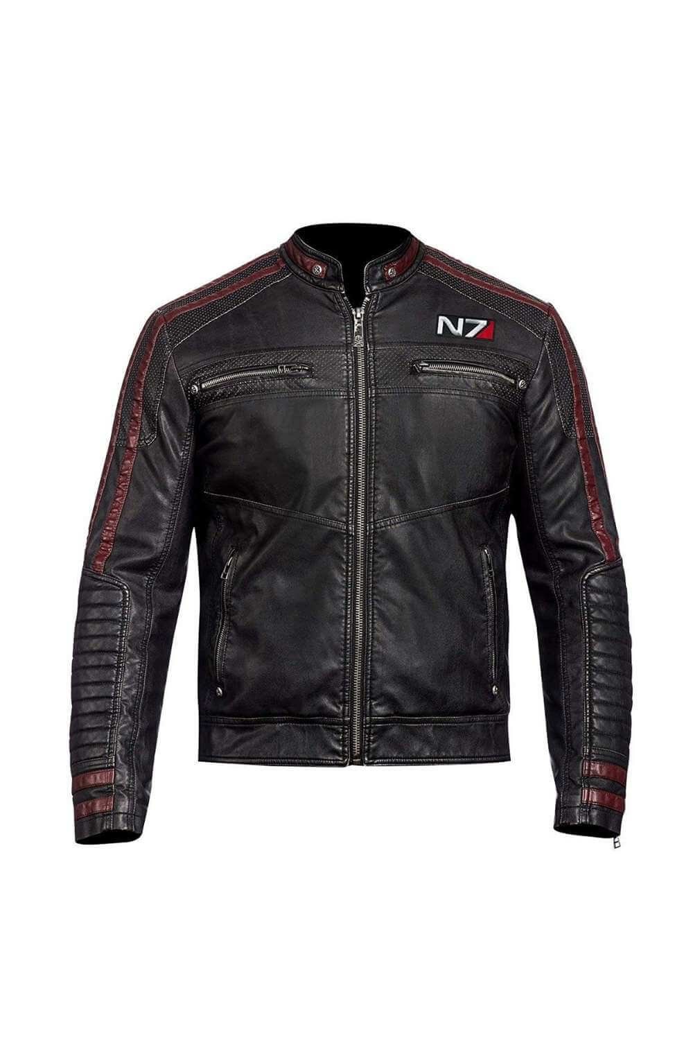 Mass Effect N7 Red Striped Quilted Black Leather Jacket For Men