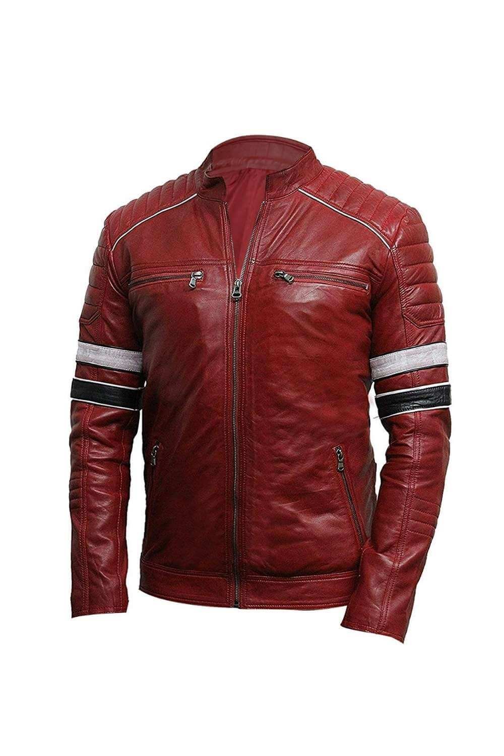 Men's Retro Cafe Racer Biker Black And White Striped Quilted Red Leather Jacket
