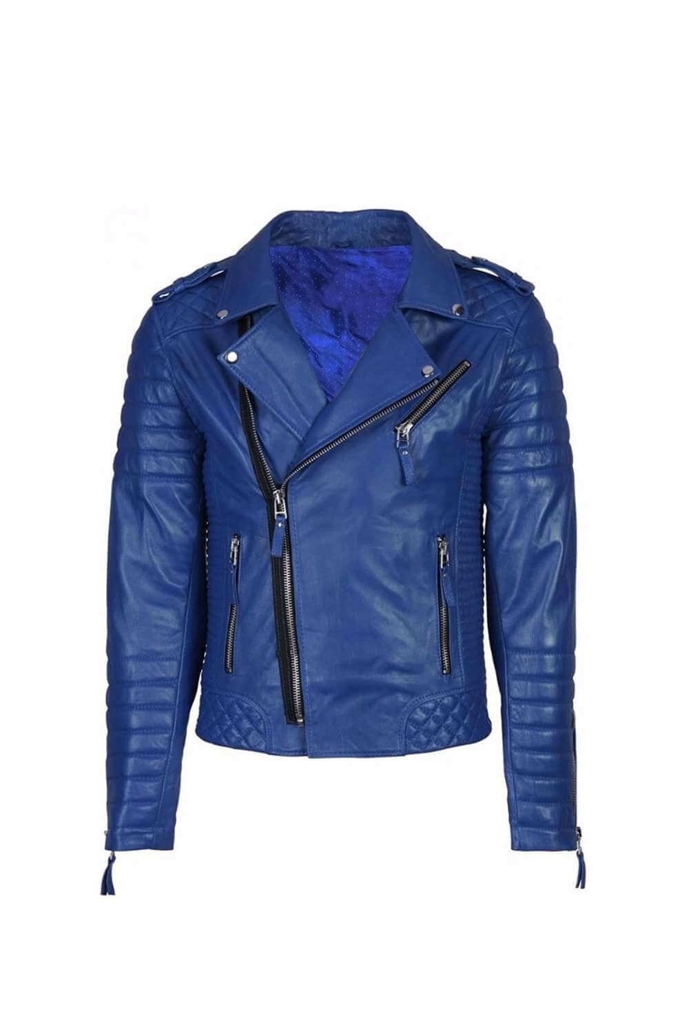 Men's Blue Asymmetrical Biker Style Quilted Leather Jacket