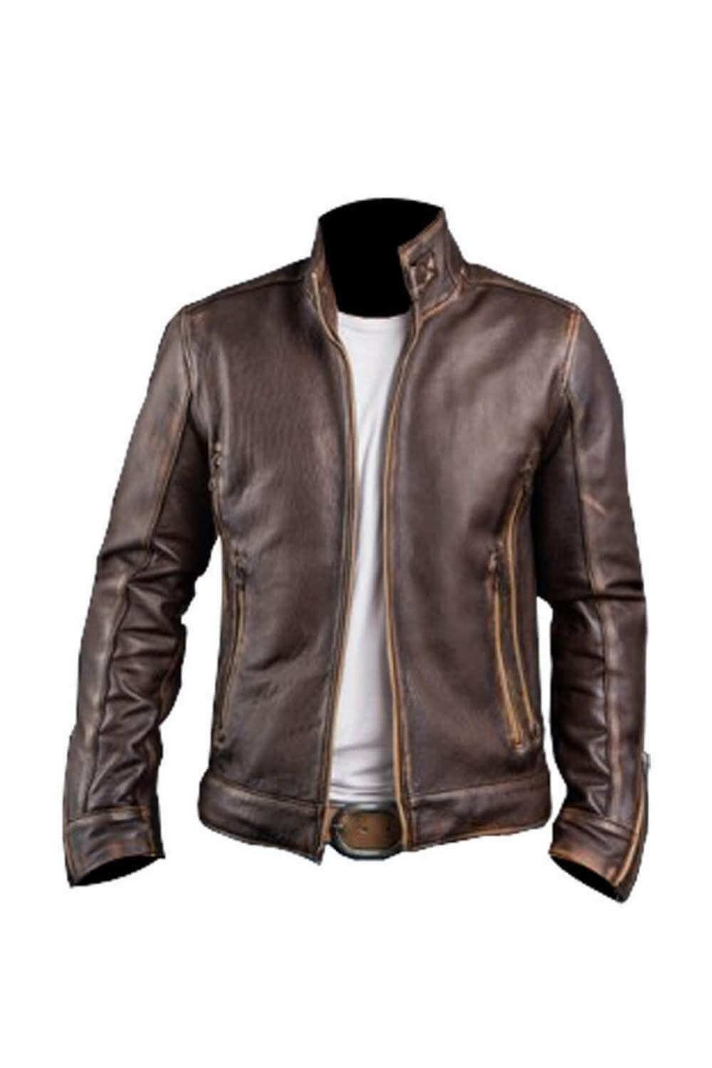 Men's Retro Cafe Racer Biker Distressed Brown Leather Jacket