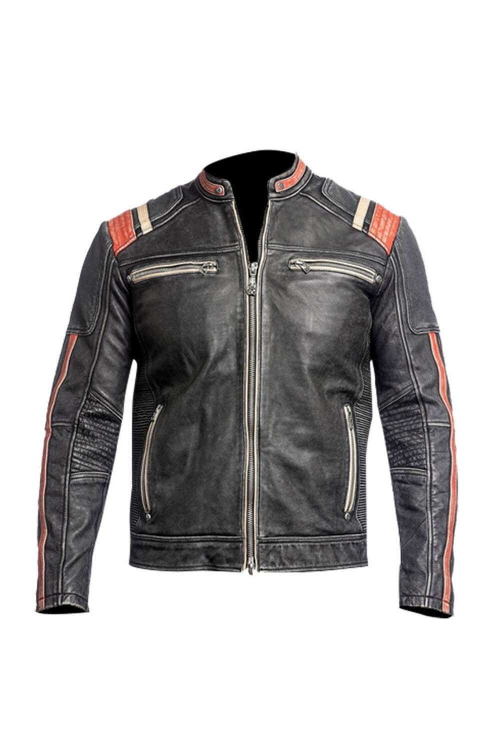 Men's Retro Orange Striped Distressed Black Biker Leather Jacket