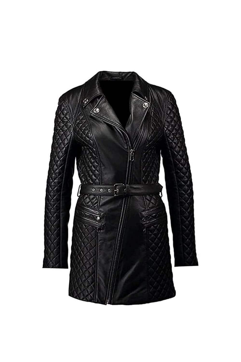 Kelly Black Leather Quilted Long Pea Coat