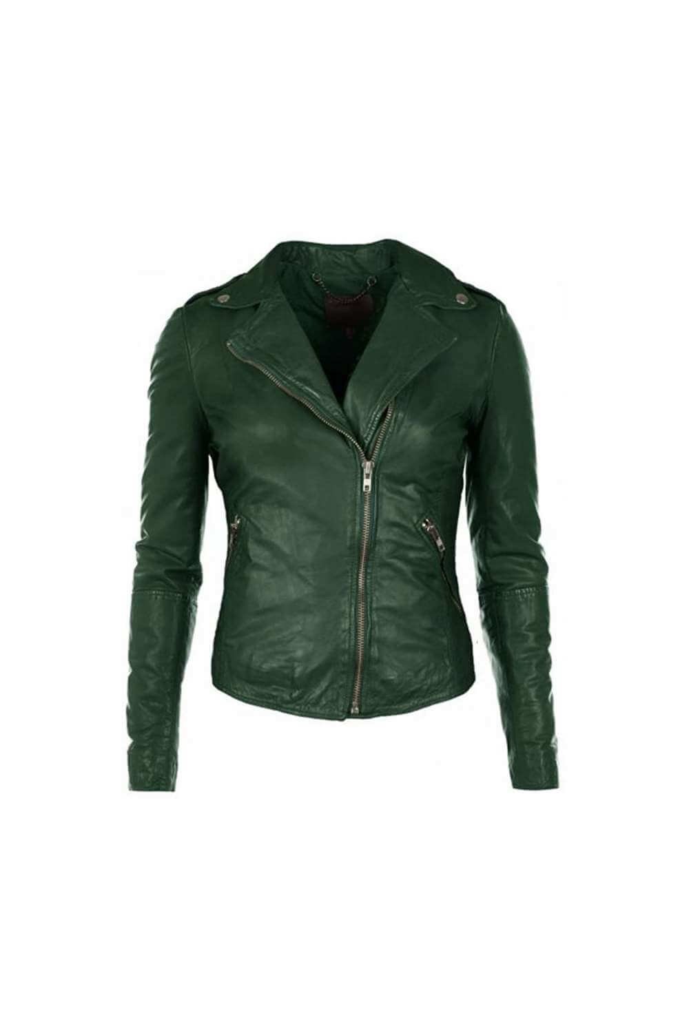 Asymmetrical Collar Style Green Motorcycle Jacket For Women