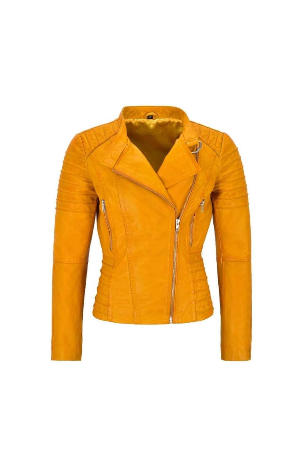 Women's Asymmetrical Collar Style Yellow Biker Jacket