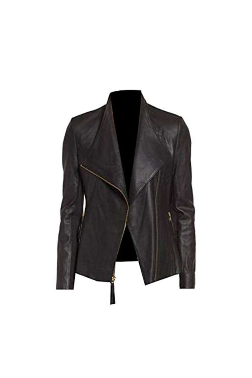 Black Biker Real Leather Motorcycle Flap Jacket For Women