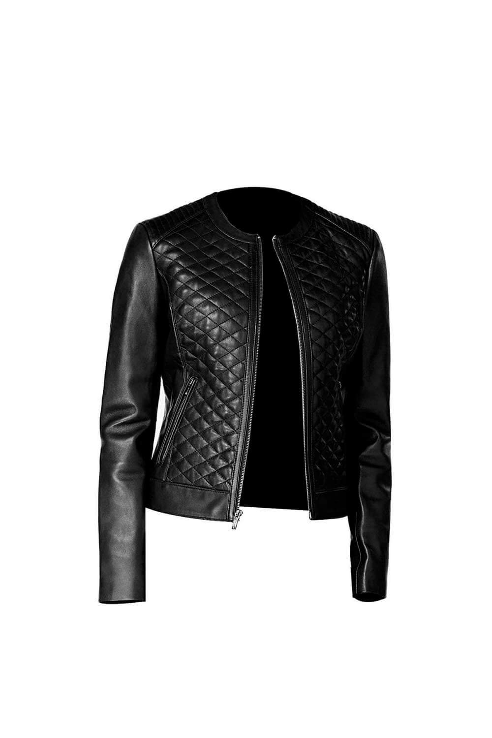 Black Quilted Leather Moto Jacket Women