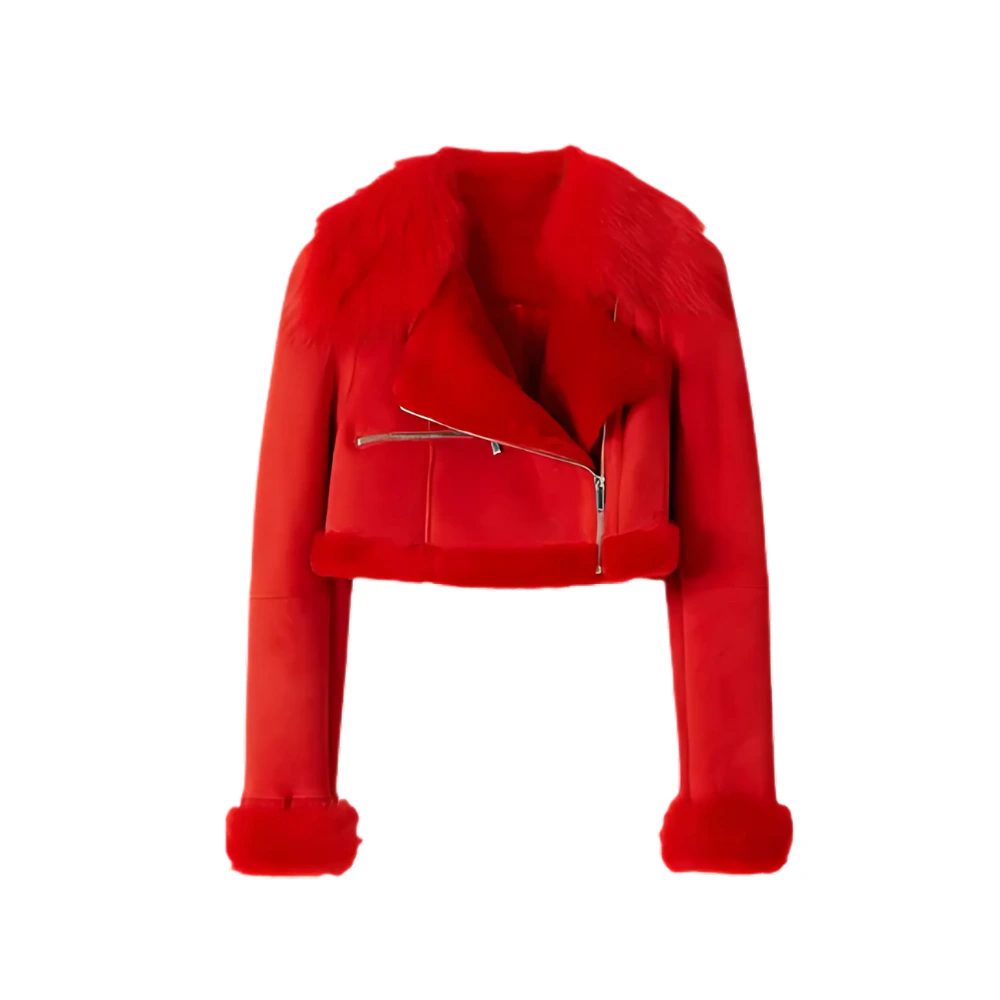 Women Shearling Red Suede Leather Cropped Jacket