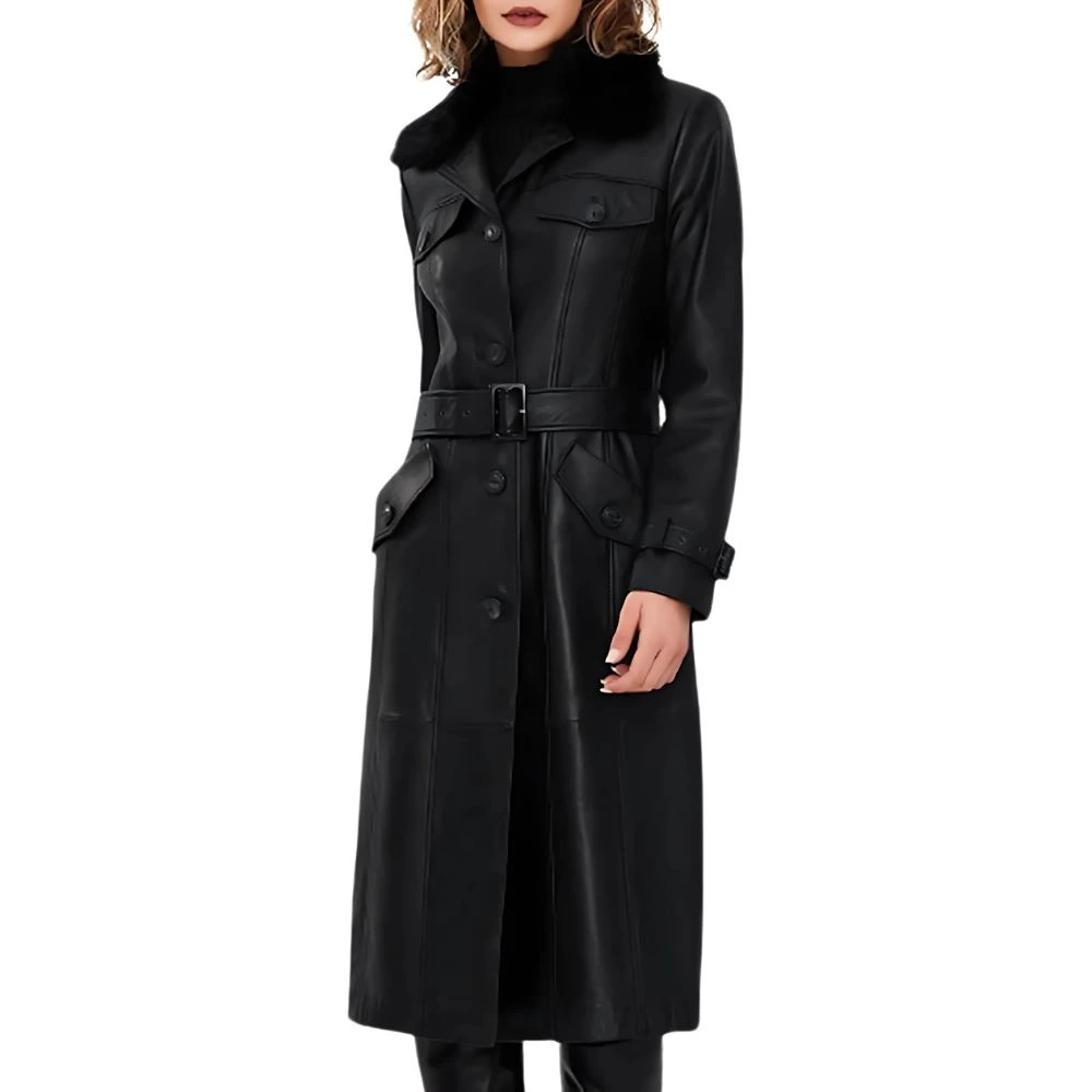 Women Black Fur Collar Long Sheep Skin Trench Coat