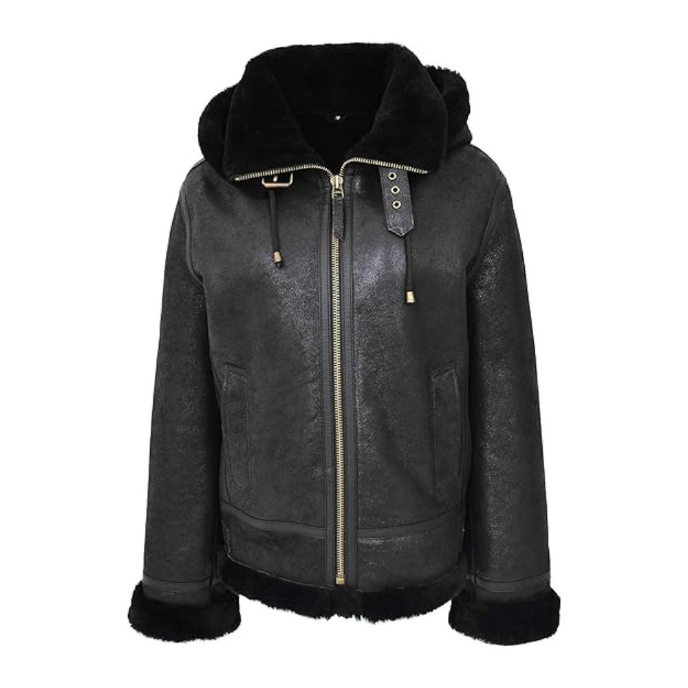 WOMENS B3 BOMBER HOODED CLASSIC BLACK SHEARLING JACKET front Look