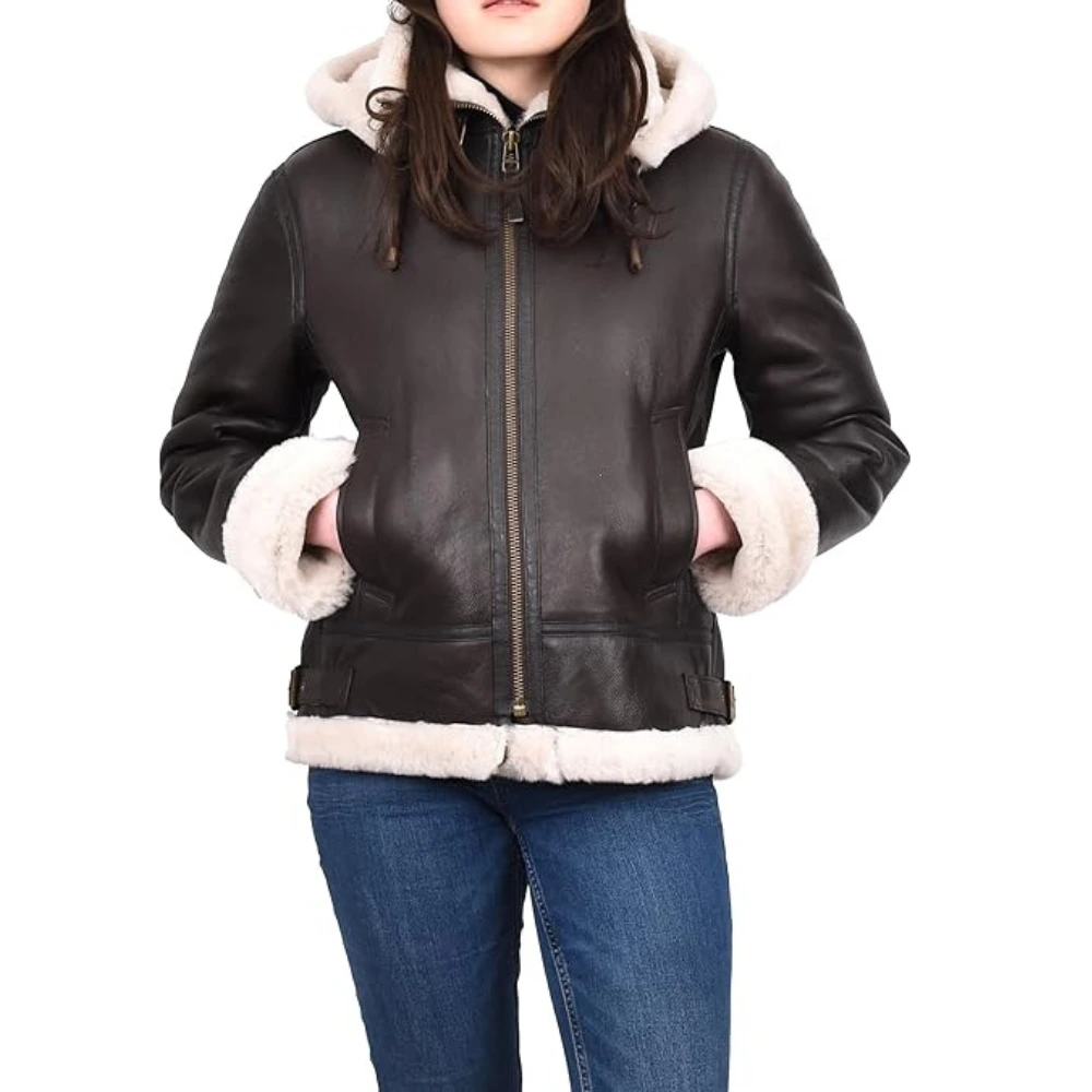 Women's Sheepskin B3 Shearling Style Dark Brown Hooded Jacket
