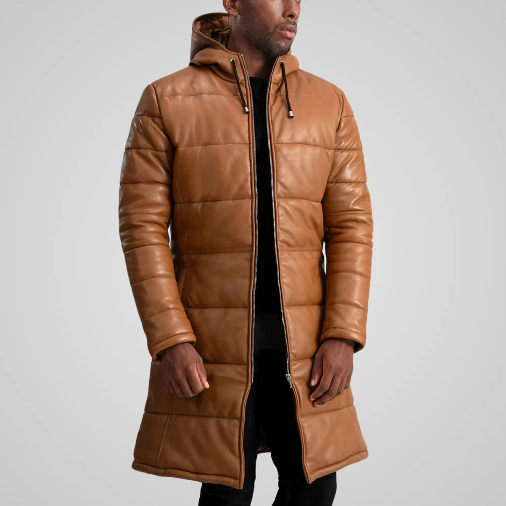 Men's Floyd Tan Brown Hooded Leather Puffer Coat