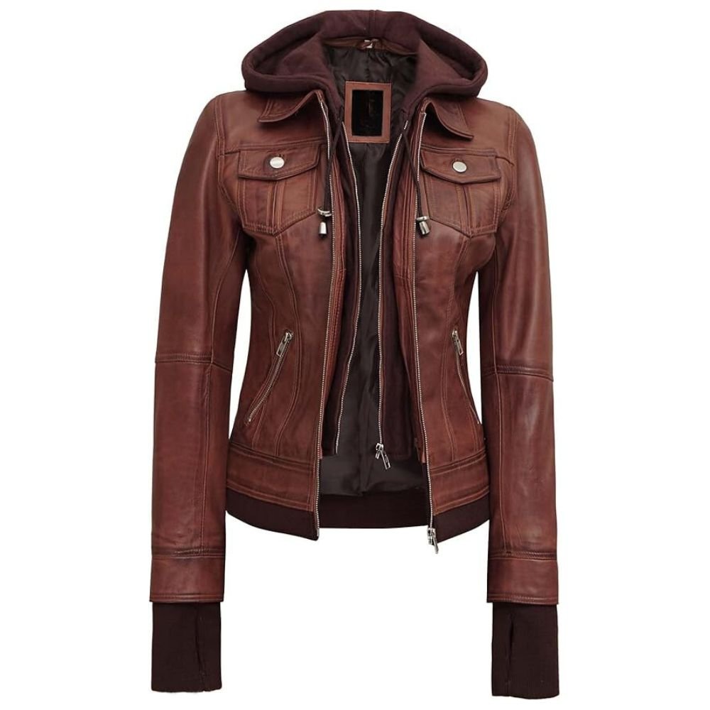 Women's Thumbhole Style Hand Warmer Sleeves Brown Leather Jacket